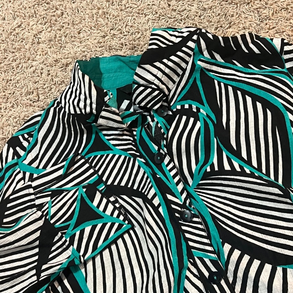 Ali Miles Black Teal White Abstract Leaf Print Button Up Shirt Top Women's‎ 1X